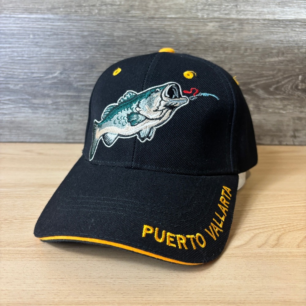 Puerto Vallarta Hat Cap Strap Back Black Fish Fishing Adjustable